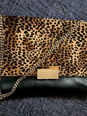 Vince Camuto Leopard Print and Black Chain Satchel with Gold Hardware